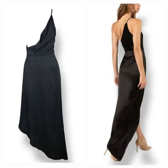 NEW Whyte Valentyne Twist Knot Asymmetrical Hem Silky Satin Gown in Black - Picture 5 of 10